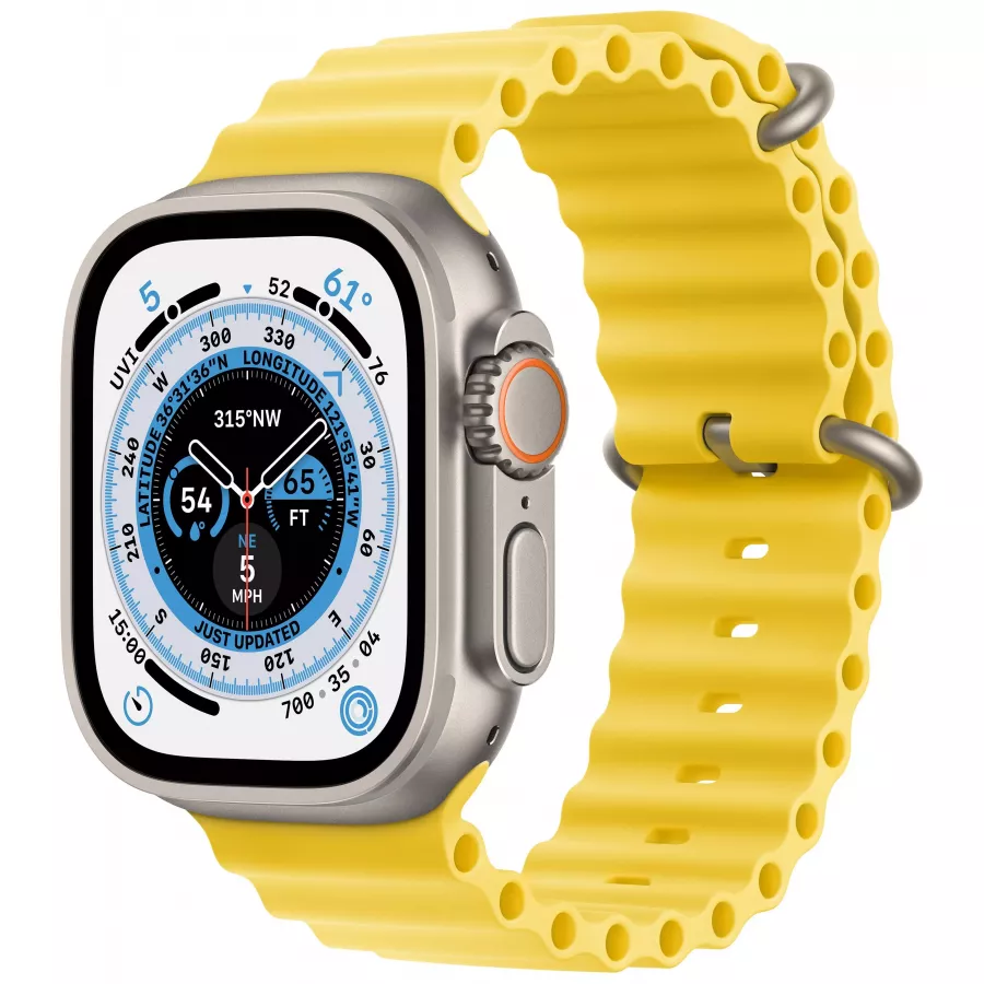 Apple Watch Ultra GPS, 49мм, корпус из титана, ремешок Ocean желтого цвета, One Size. Вид 1