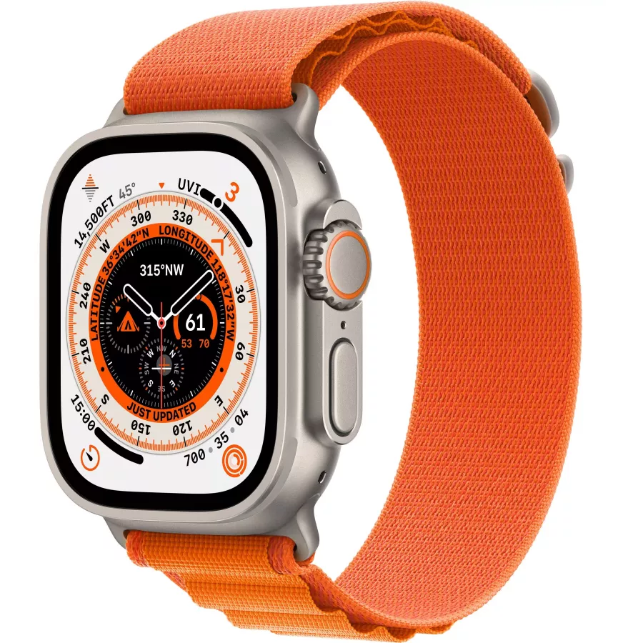 Apple Watch Ultra GPS, 49мм, корпус из титана, ремешок Alpine оранжевого цвета, M. Вид 1