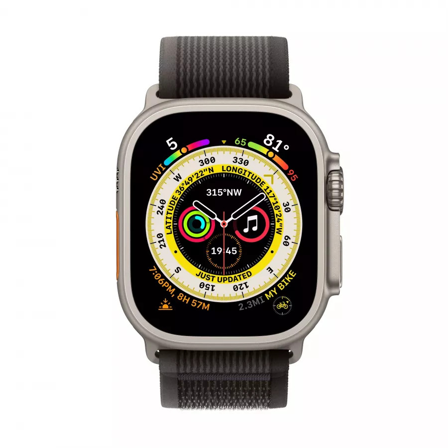 Apple Watch Ultra GPS, 49мм, корпус из титана, ремешок Trail черно-серого цвета, M/L. Вид 2