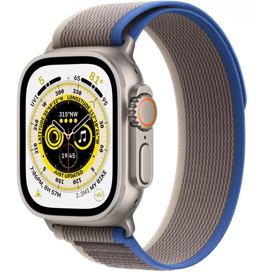 Apple Watch Ultra GPS, 49мм, корпус из титана, ремешок Trail сине-серого цвета, S/M. Вид 1