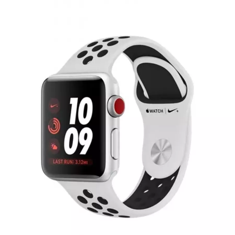 Apple Watch Nike+ CELLULAR 38mm, серебристый алюминий, спортивный ремешок Nike цвета «чистая платина/чёрный». Вид 1