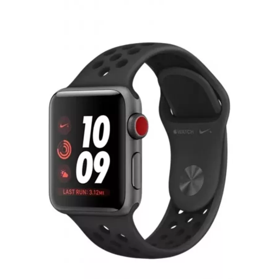 Apple Watch Nike+ CELLULAR 38mm, алюминий «серый космос», спортивный ремешок Nike цвета «антрацитовый/чёрный». Вид 1