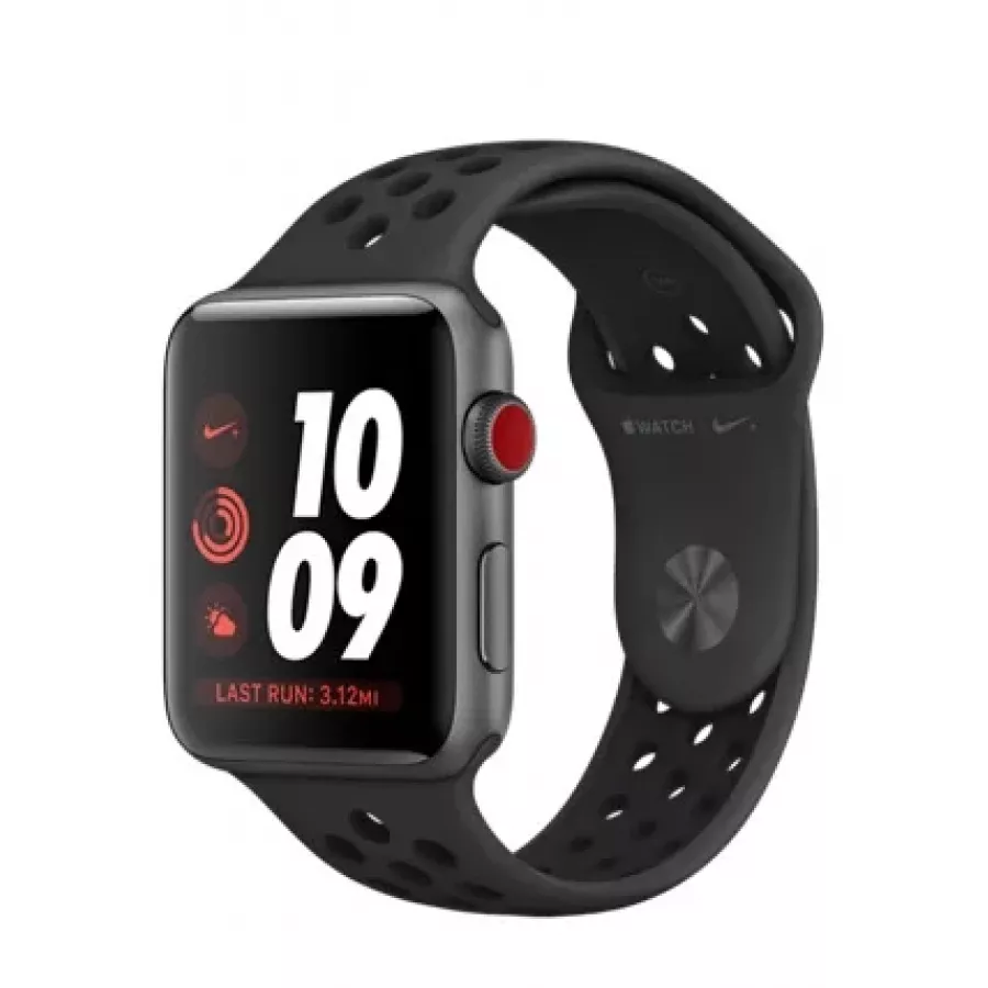 Apple Watch Nike+ CELLULAR 42mm, алюминий «серый космос», спортивный ремешок Nike цвета «антрацитовый/чёрный». Вид 1