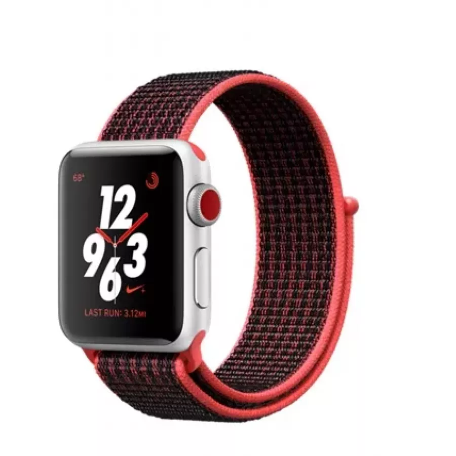 Apple Watch Nike+ CELLULAR 38mm, серебристый алюминий, ремешок Nike из плетеного нейлона цвета «малиновый/чёрный». Вид 1