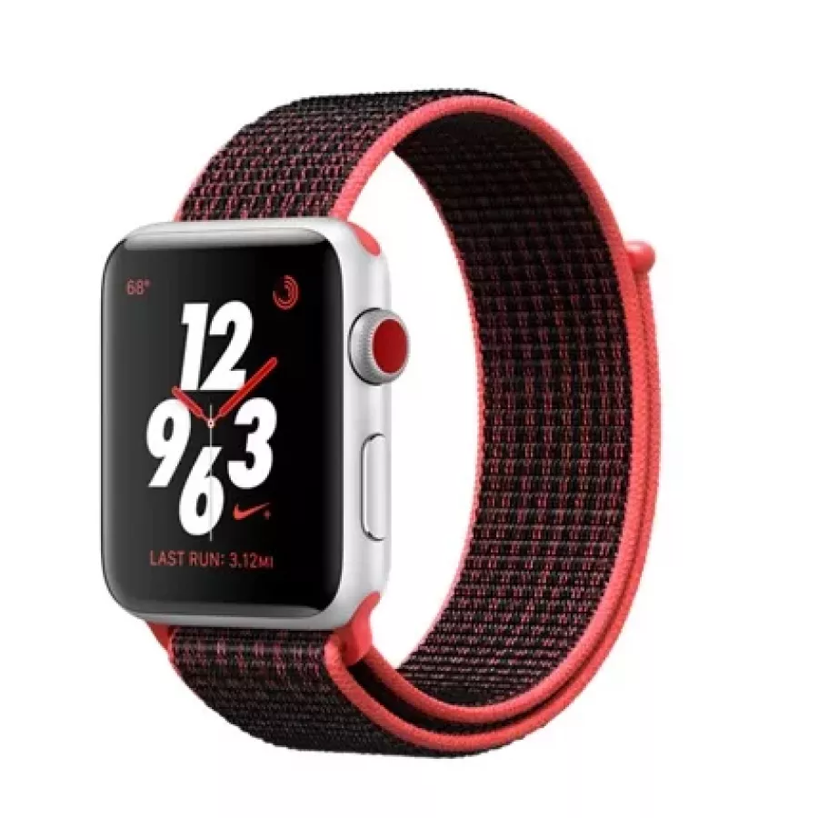 Apple Watch Nike+ CELLULAR 42mm, серебристый алюминий, ремешок Nike из плетеного нейлона цвета «малиновый/чёрный». Вид 1