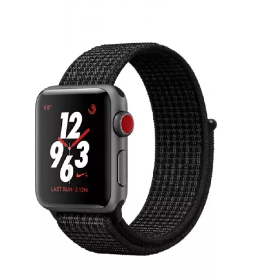Apple Watch Nike+ CELLULAR 38mm, алюминий «серый космос», ремешок Nike из плетеного нейлона цвета «чистая платина/чёрный». Вид 1