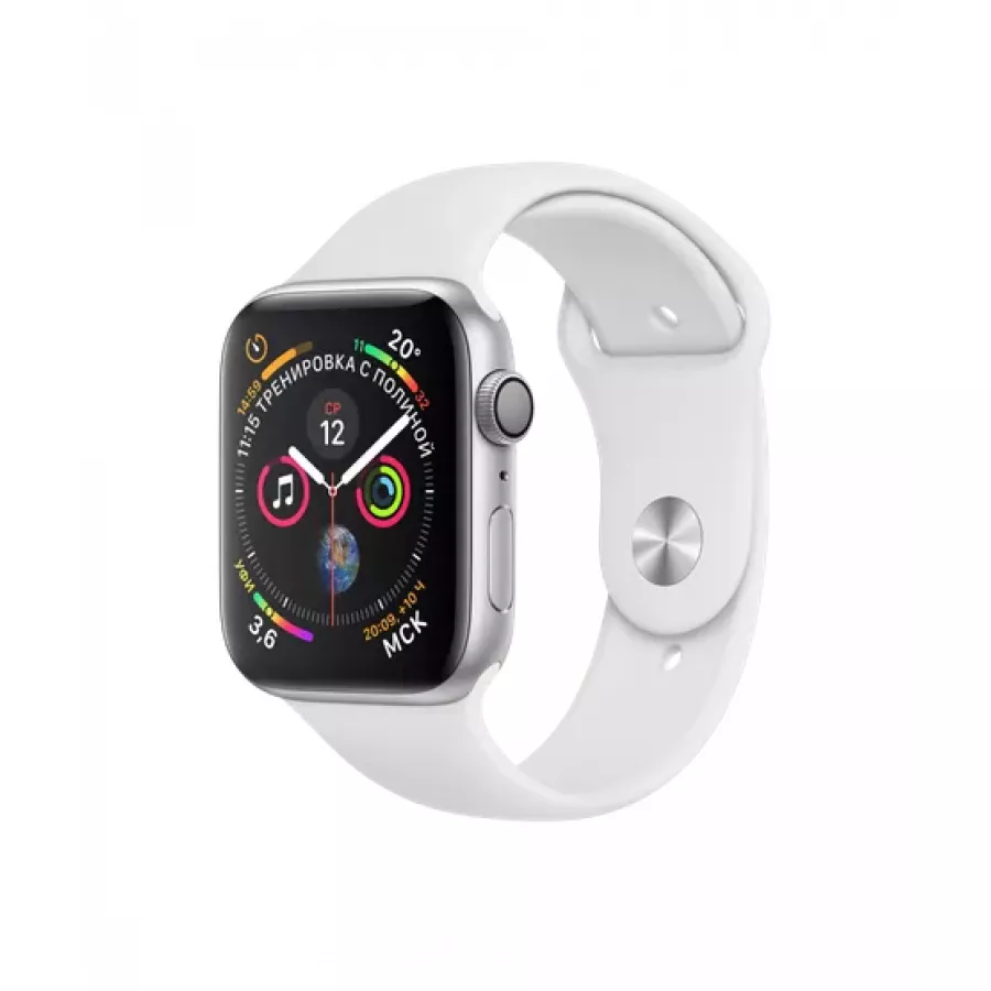 Купить Apple Watch Series 4 44mm, серебристый алюминий, спортивный ремешок белого цвета в Сочи. Вид 1