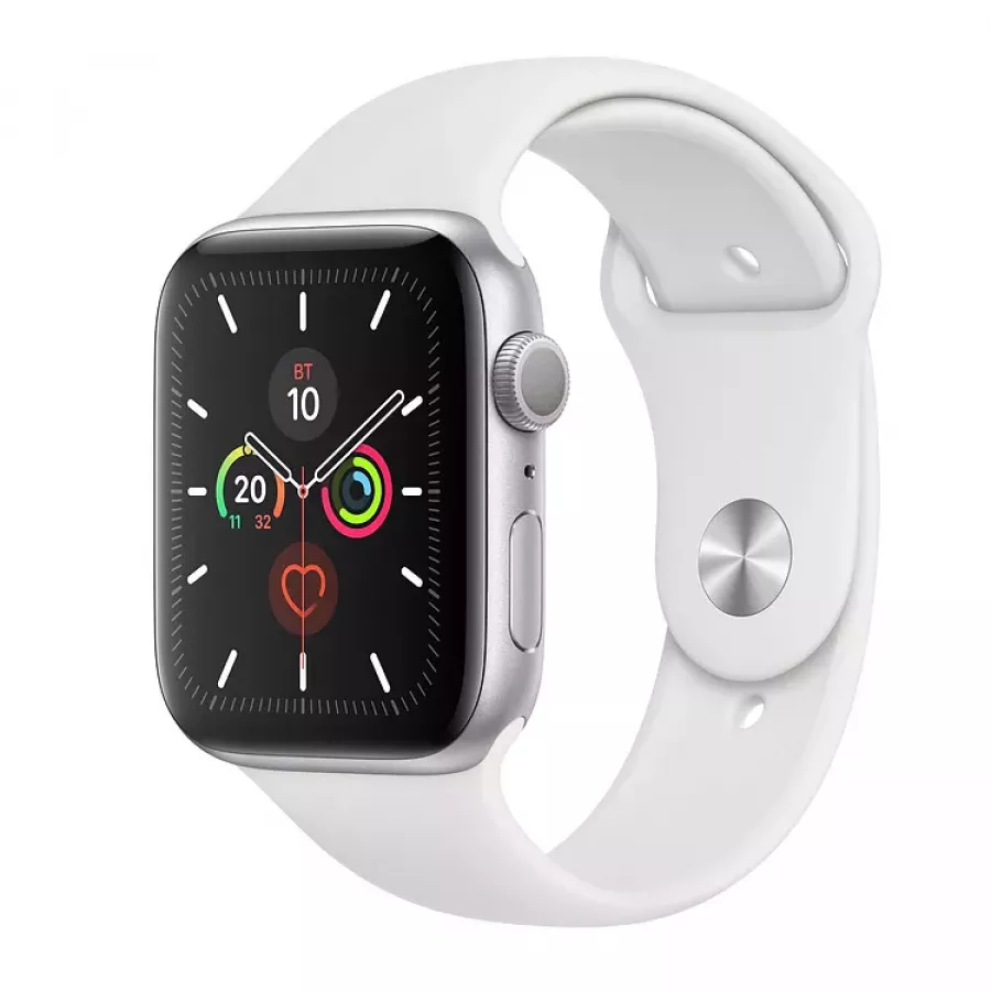 Купить Apple Watch Series 5 44mm, серебристый алюминий, спортивный ремешок белого цвета в Сочи. Вид 1