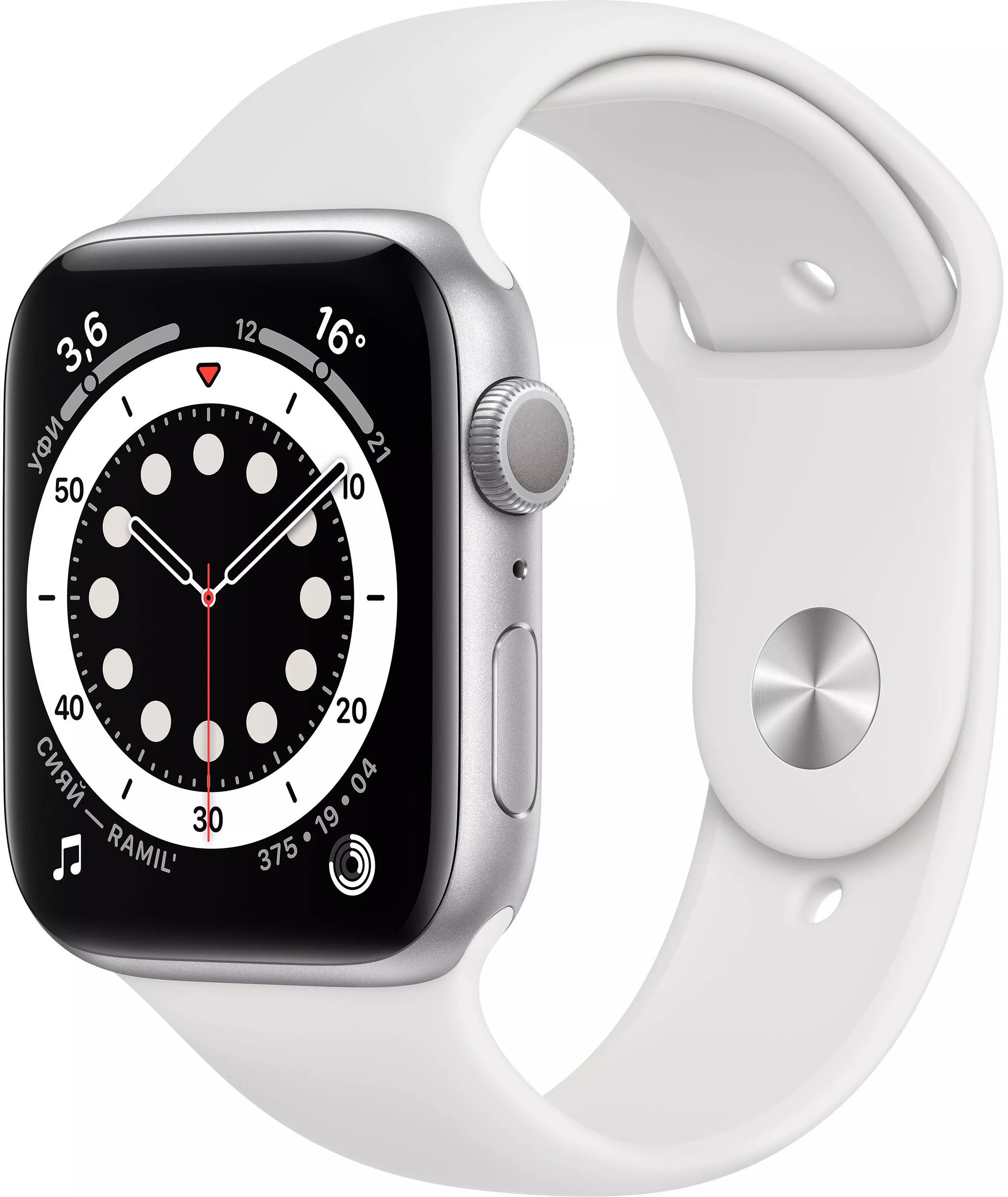 Apple Watch Series 6 44mm, серебристый алюминий, спортивный ремешок белого цвета. Вид 1