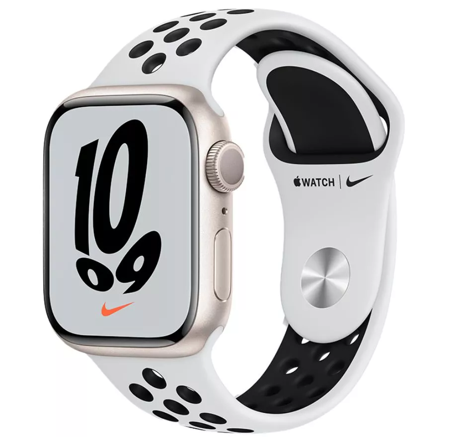 Apple Watch Series 7 41mm, алюминий «сияющая звезда», ремешок Nike цвета Pure Platinum/Black. Вид 1