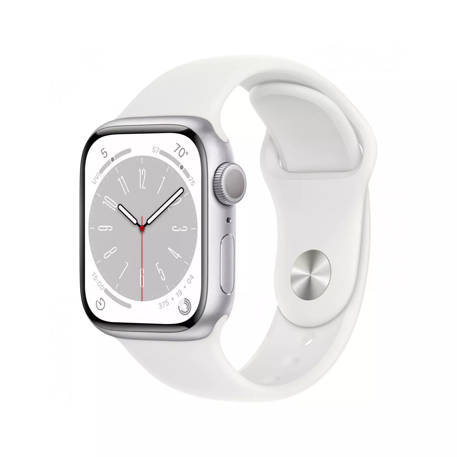 Apple Watch Series 8 41mm, серебристый алюминий, спортивный ремешок M/L белого цвета. Вид 1