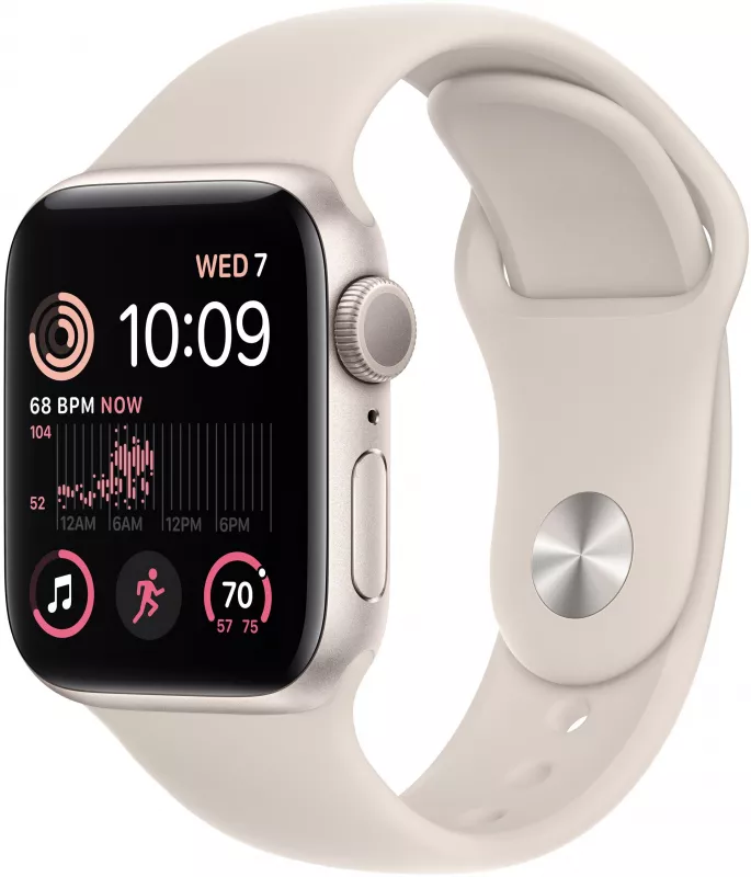 Apple Watch SE 2022 40mm, алюминий цвета «сияющая звезда», спортивный ремешок цвета «сияющая звезда». Вид 1
