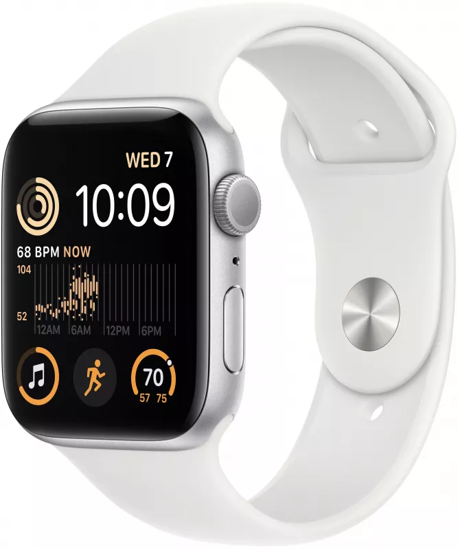 Apple Watch SE 2022 44mm, алюминий серебристого цвета, спортивный ремешок белого цвета. Вид 1