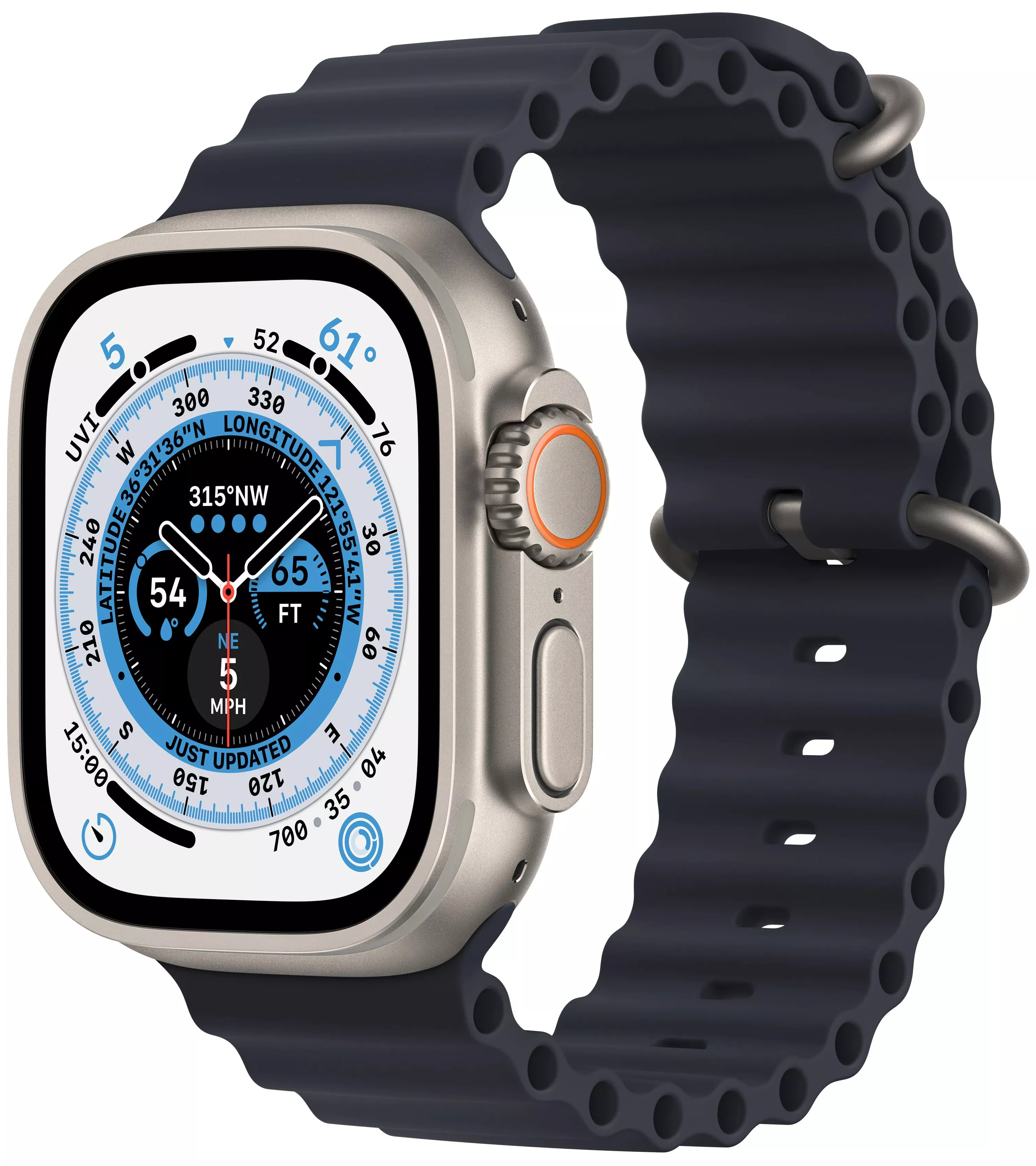 Apple Watch Ultra GPS, 49мм, корпус из титана, ремешок Ocean цвета «темная ночь», One Size. Вид 1