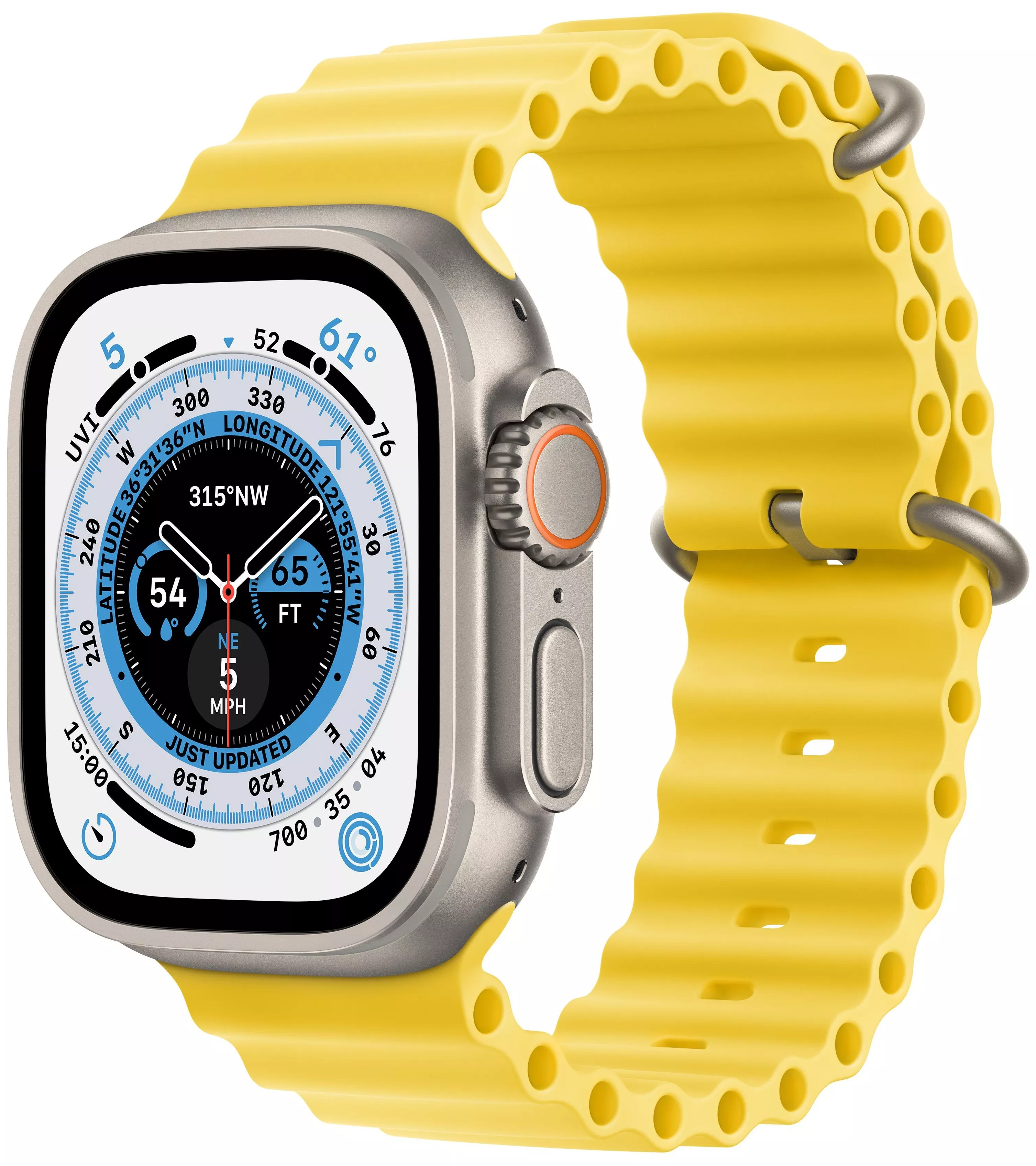 Apple Watch Ultra GPS, 49мм, корпус из титана, ремешок Ocean желтого цвета, One Size. Вид 1