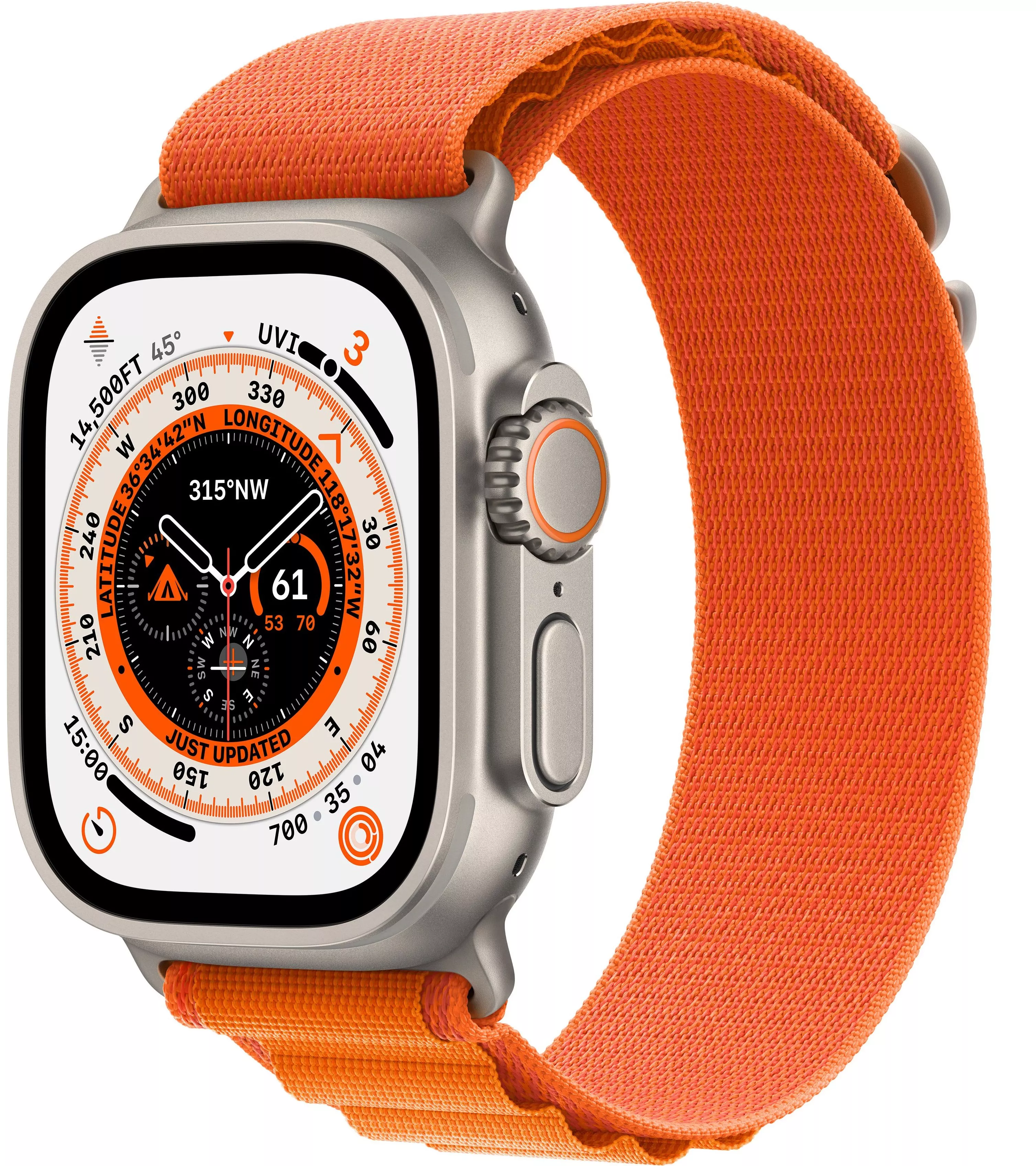 Apple Watch Ultra GPS, 49мм, корпус из титана, ремешок Alpine оранжевого цвета, M. Вид 1