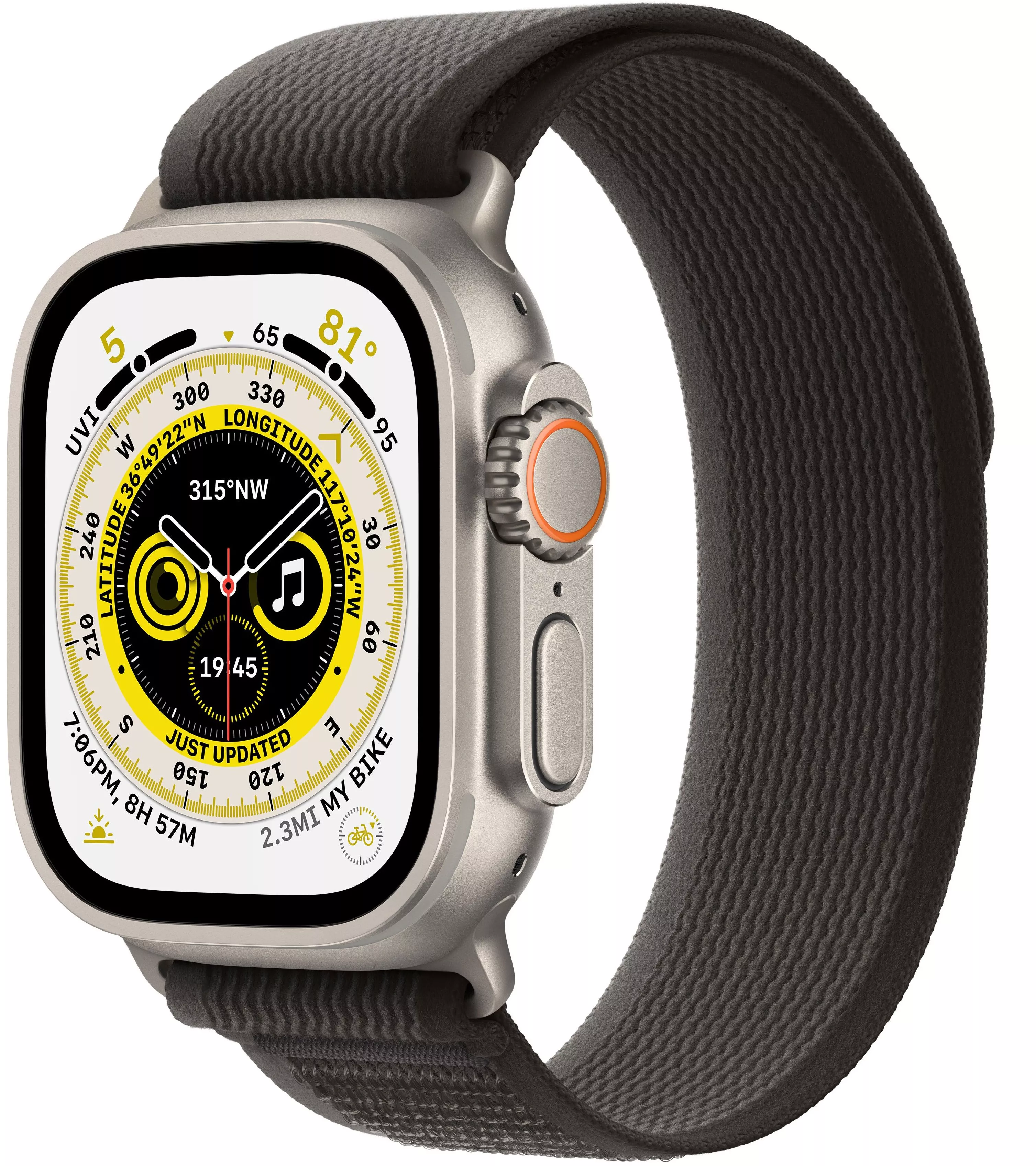 Apple Watch Ultra GPS, 49мм, корпус из титана, ремешок Trail черно-серого цвета, M/L. Вид 1