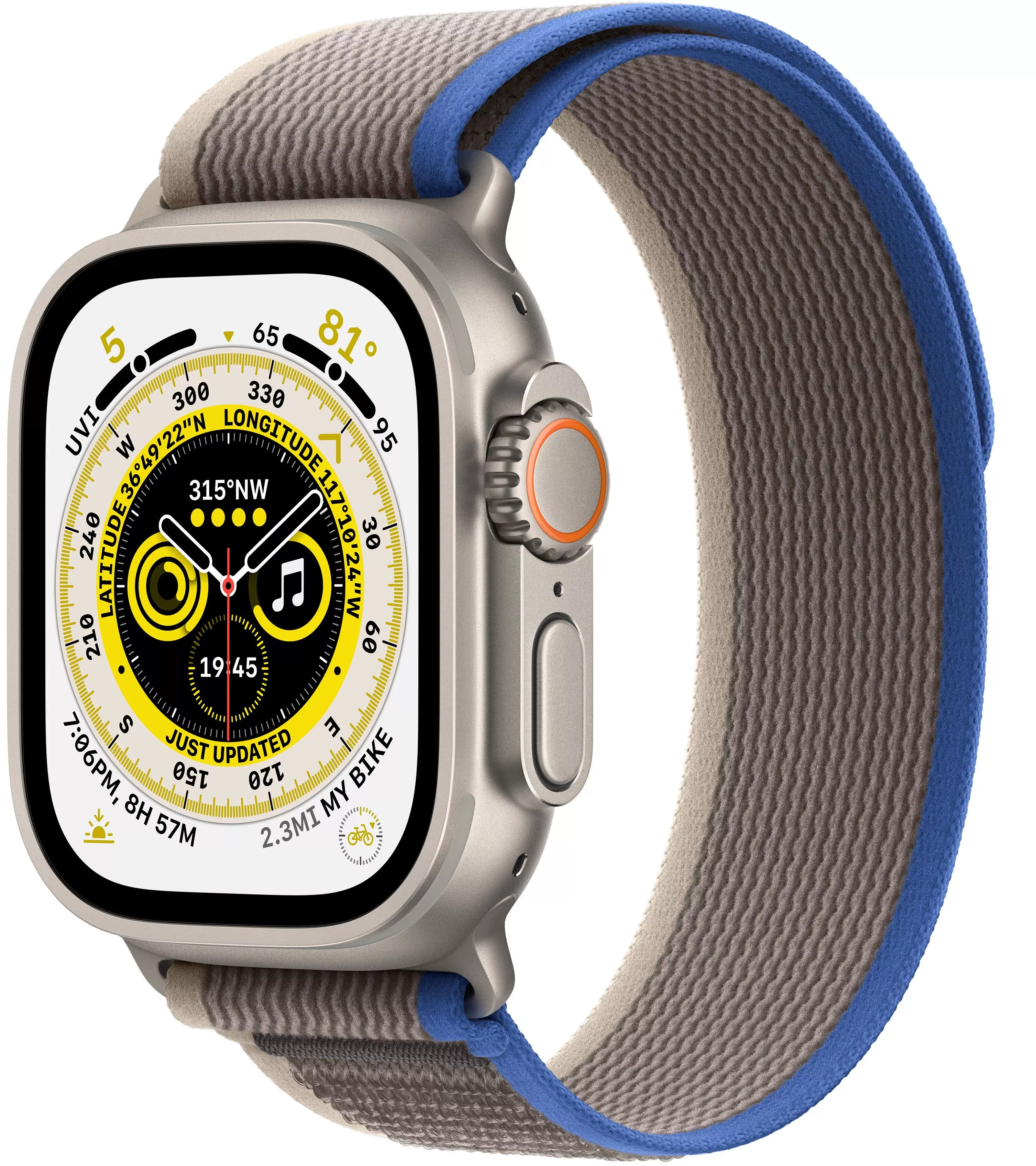 Apple Watch Ultra GPS, 49мм, корпус из титана, ремешок Trail сине-серого цвета, S/M. Вид 1