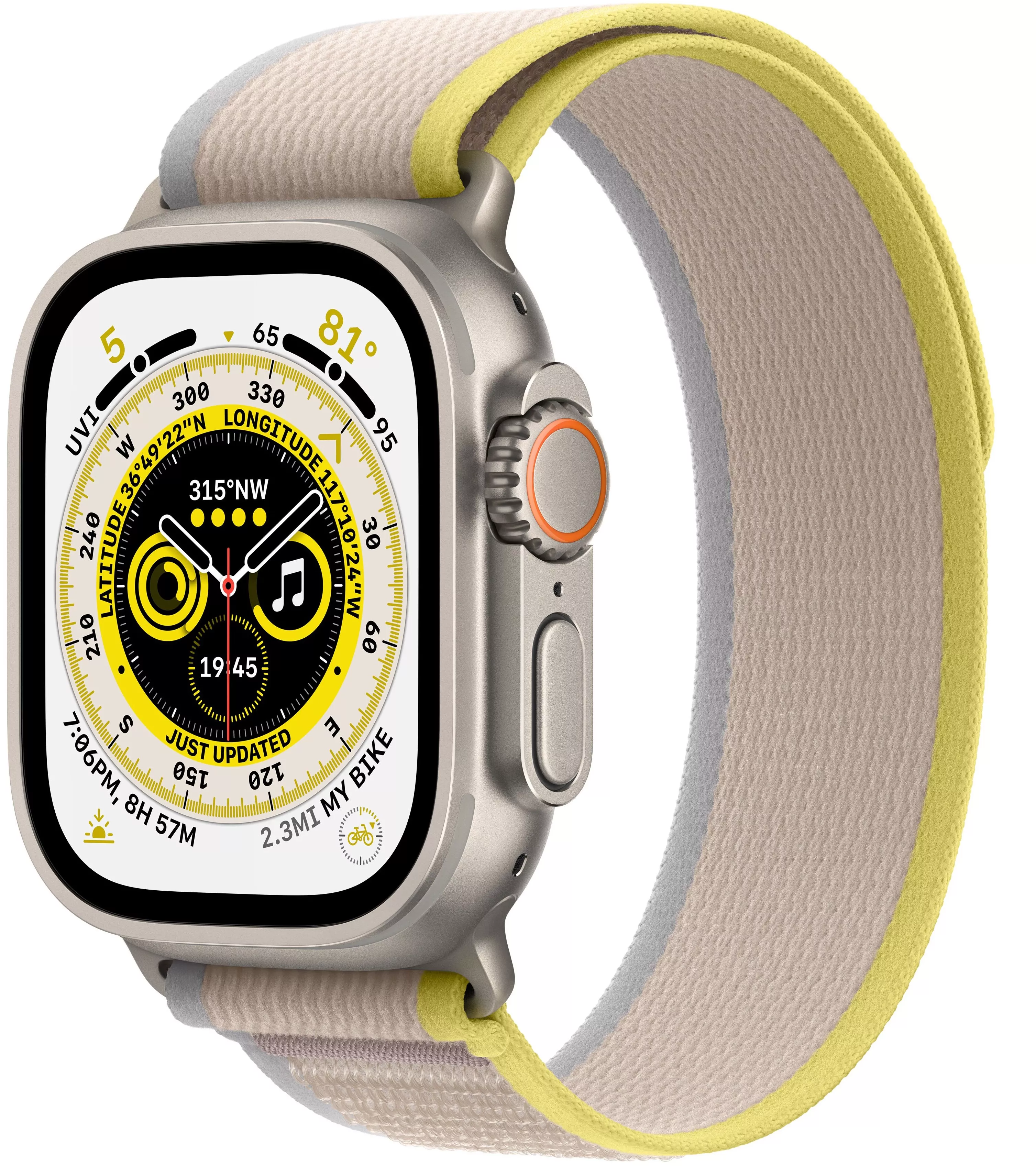 Apple Watch Ultra GPS, 49мм, корпус из титана, ремешок Trail желто-бежевого цвета, S/M. Вид 1