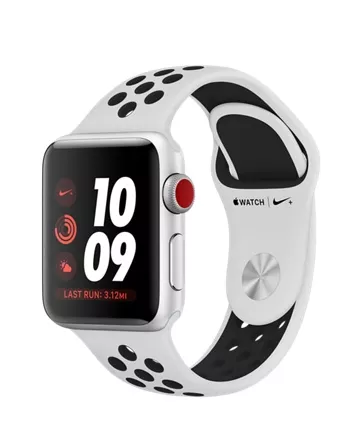 Apple Watch Nike+ CELLULAR 38mm, серебристый алюминий, спортивный ремешок Nike цвета «чистая платина/чёрный». Вид 1