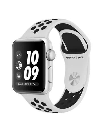 Apple Watch Nike+ 38mm, серебристый алюминий, спортивный ремешок Nike цвета «чистая платина/чёрный». Вид 1