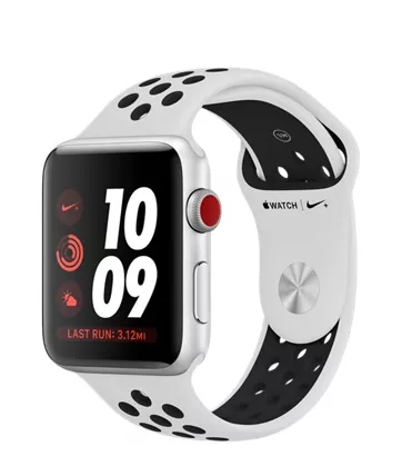 Apple Watch Nike+ CELLULAR 42mm, серебристый алюминий, спортивный ремешок Nike цвета «чистая платина/чёрный». Вид 1