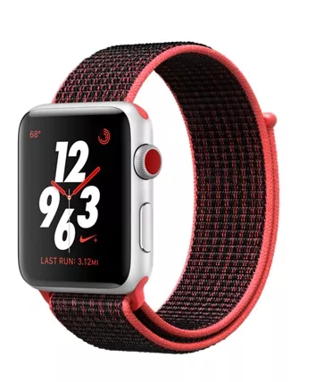 Apple Watch Nike+ CELLULAR 42mm, серебристый алюминий, ремешок Nike из плетеного нейлона цвета «малиновый/чёрный». Вид 1