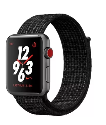 Apple Watch Nike+ CELLULAR 42mm, алюминий «серый космос», ремешок Nike из плетеного нейлона цвета «чистая платина/чёрный». Вид 1