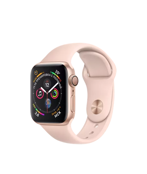 Apple Watch Series 4 40mm, золотистый алюминий, спортивный ремешок цвета «розовый песок». Вид 1