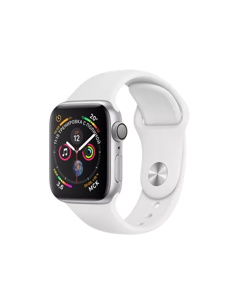 Apple Watch Series 4 40mm, серебристый алюминий, спортивный ремешок белого цвета. Вид 1