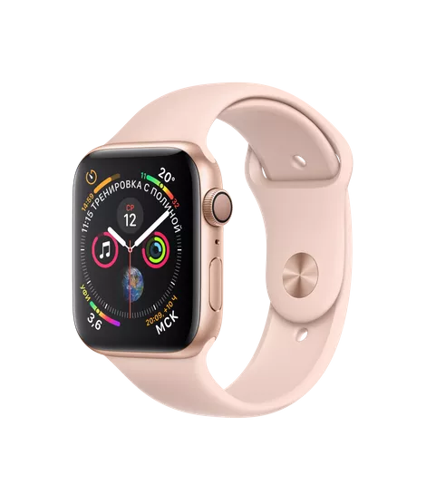Apple Watch Series 4 44mm, золотистый алюминий, спортивный ремешок цвета «розовый песок». Вид 1