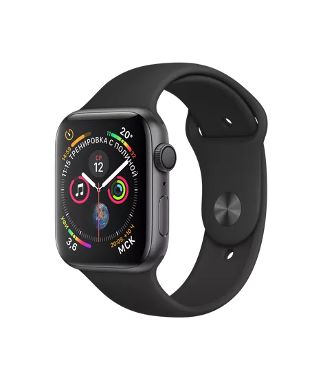 Apple Watch Series 4 44mm, алюминий цвета «серый космос», спортивный ремешок черного цвета. Вид 1