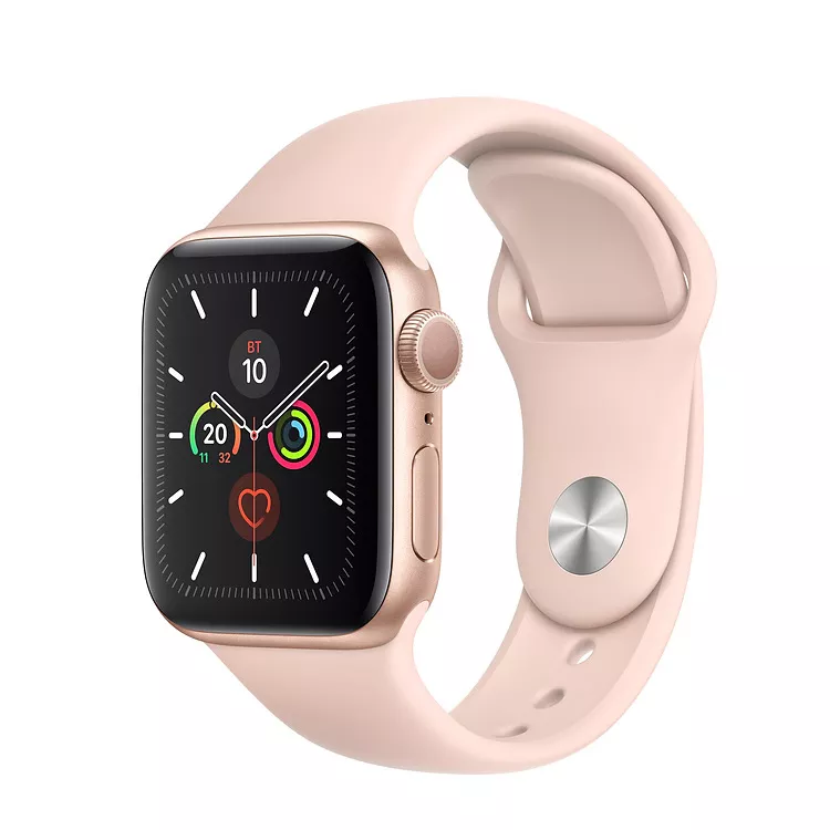 Apple Watch Series 5 40mm, золотистый алюминий, спортивный ремешок цвета «розовый песок». Вид 1